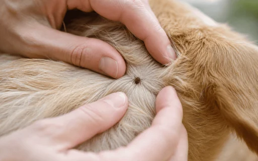 Dog tick identification close-up check in dog fur