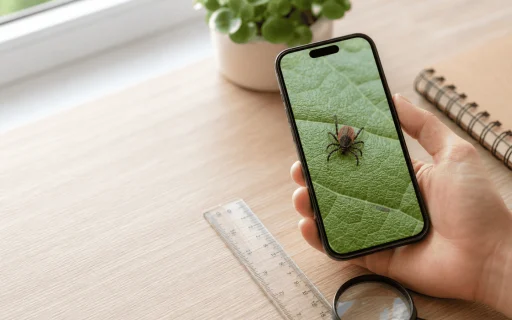 Deer tick identification photo on phone with ruler