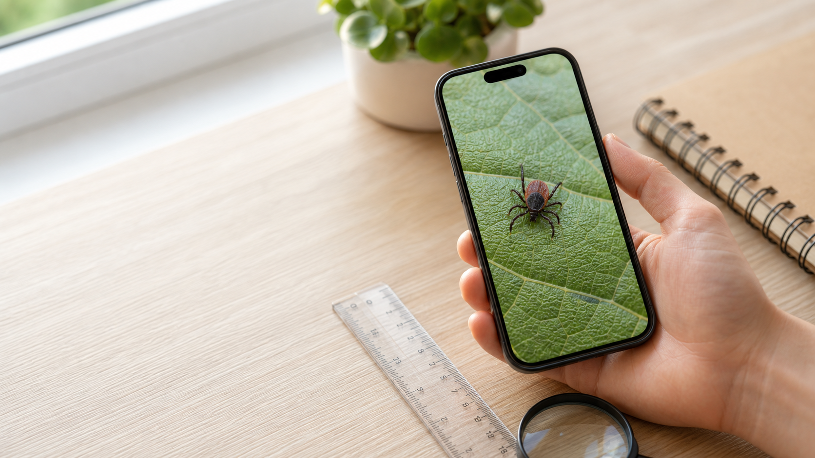 Deer tick identification photo on phone with ruler