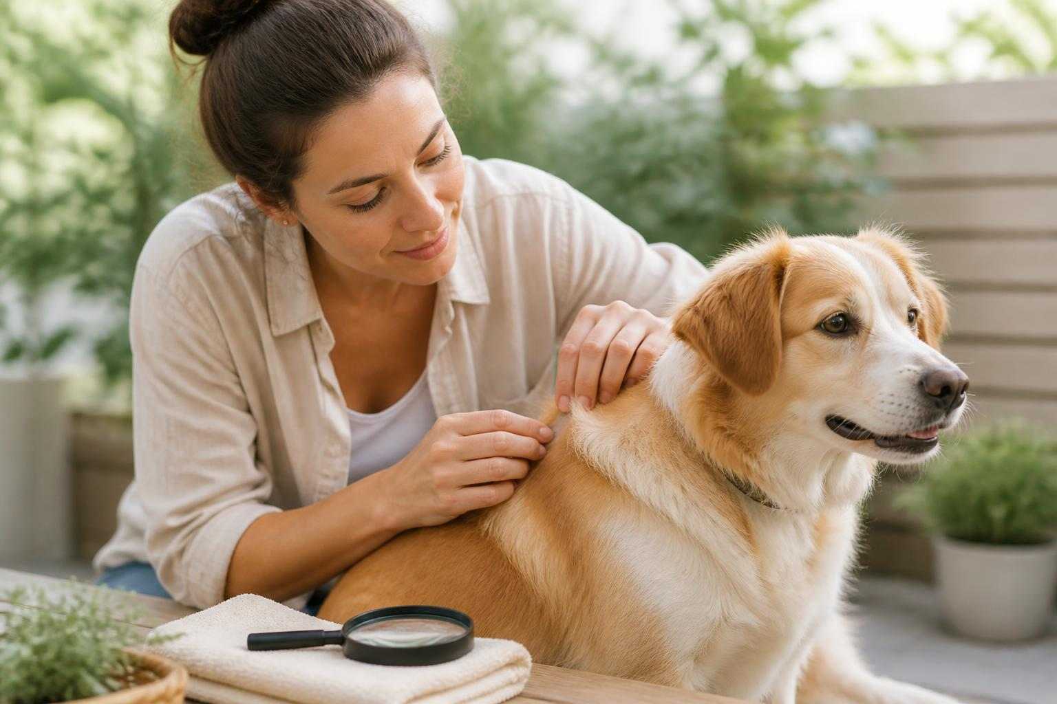 Dog owner checking a pet for ticks during a routine skin and fur inspection