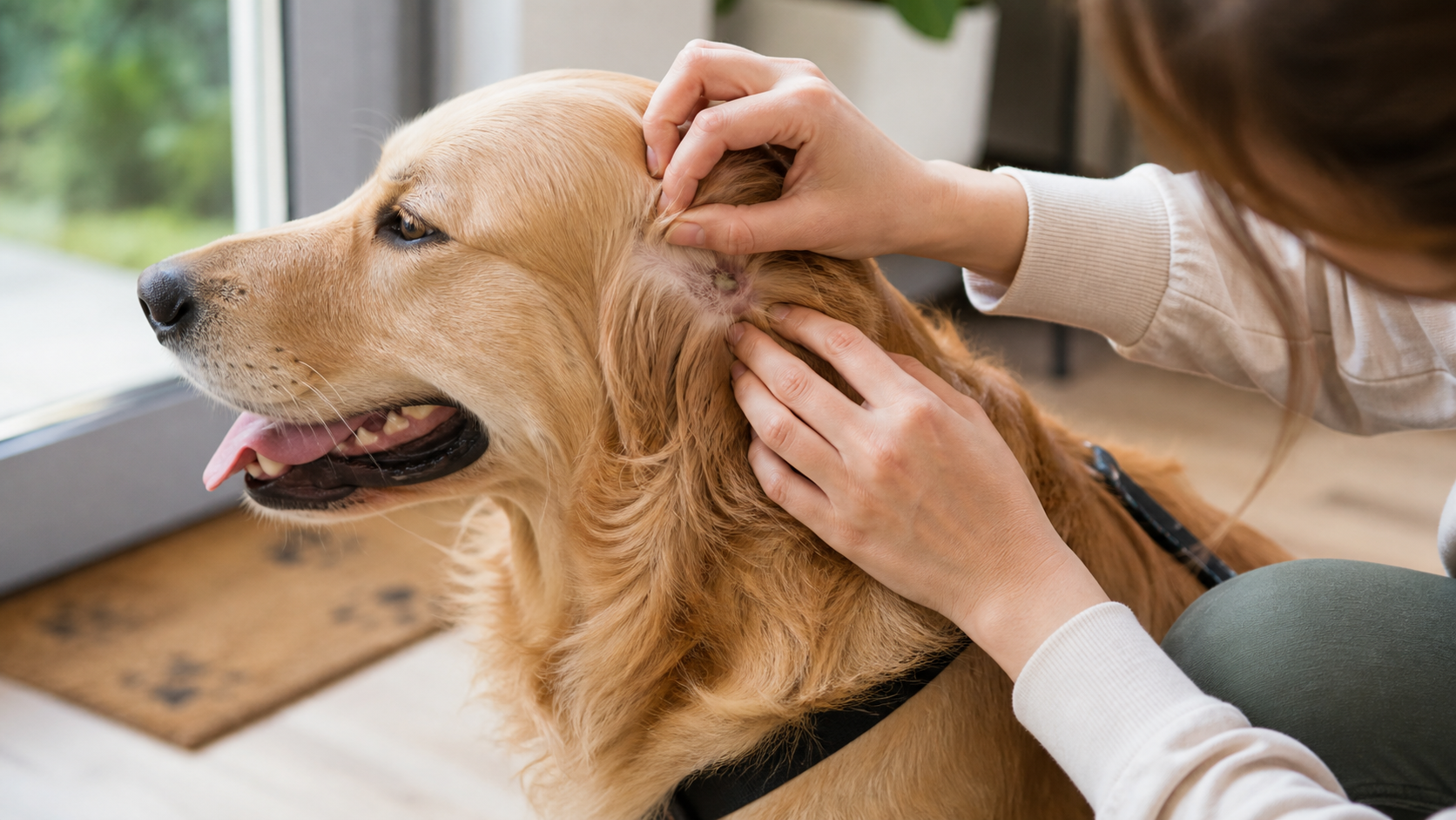 Checking a dog for ticks around the ear and neck