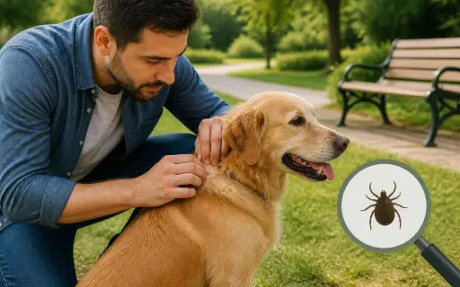 Pet owner checking a dog for ticks outdoors in a natural setting