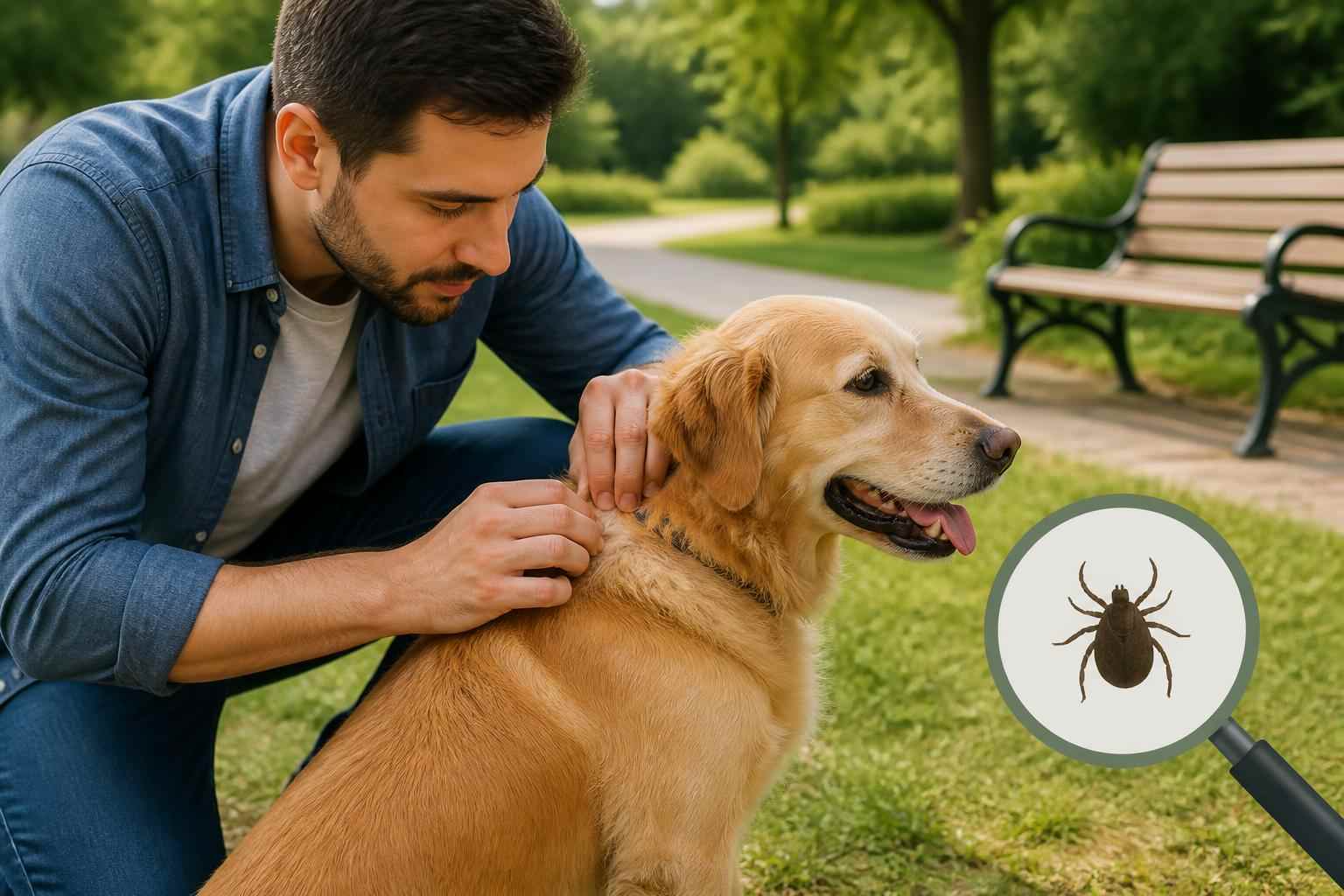 Pet owner checking a dog for ticks outdoors in a natural setting
