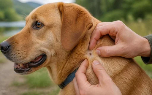 Dog being checked for an engorged tick outdoors
