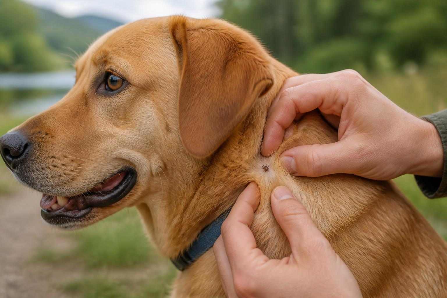 Dog being checked for an engorged tick outdoors