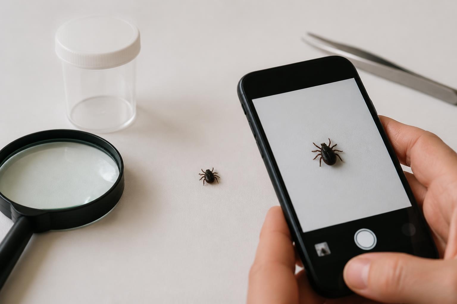 Neutral setup for reviewing photographs of ticks with a phone and magnifying glass