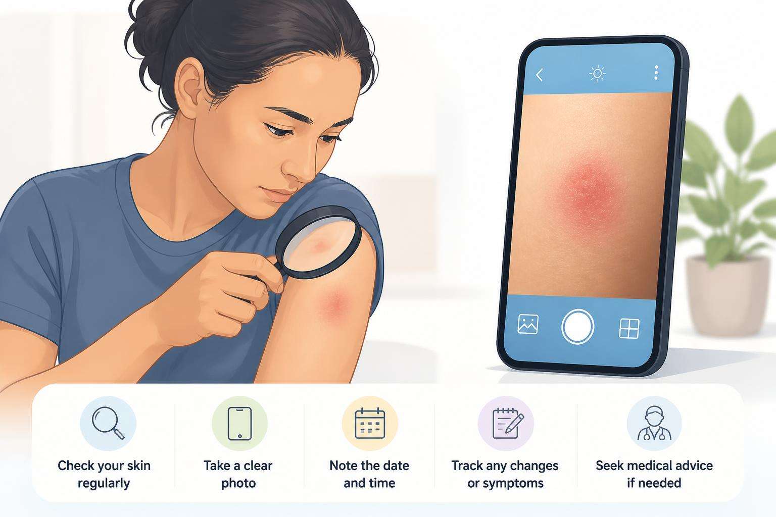 Person examining skin for signs of a tick bite with a phone nearby