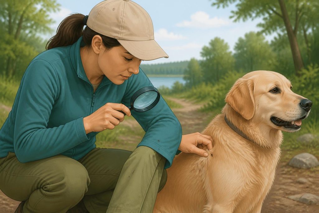 Illustration of a person checking for ticks on clothing and a dog outdoors