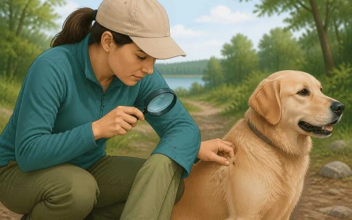Illustration of a person checking for ticks on clothing and a dog outdoors