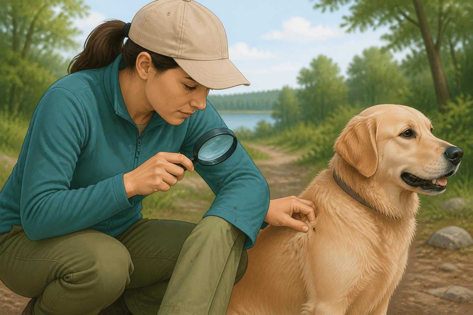 Illustration of a person checking for ticks on clothing and a dog outdoors