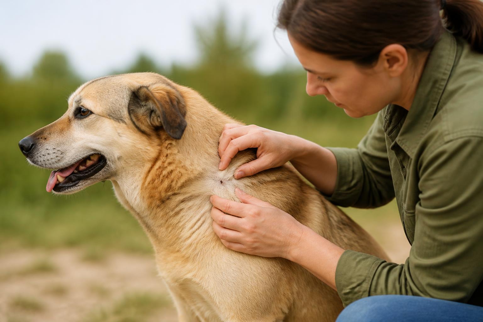 como quitar una garrapata a un perro: Persona revisando el pelaje de un perro para buscar garrapatas