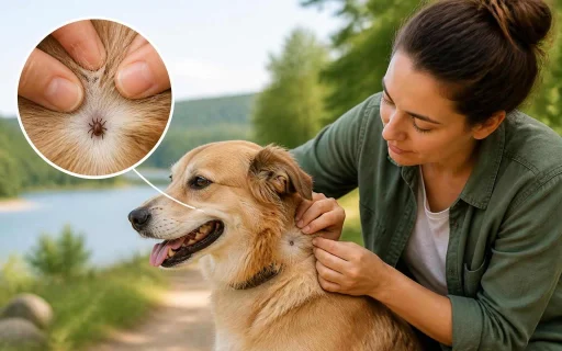 Dog owner checking a dog’s coat for ticks during an outdoor tick inspection