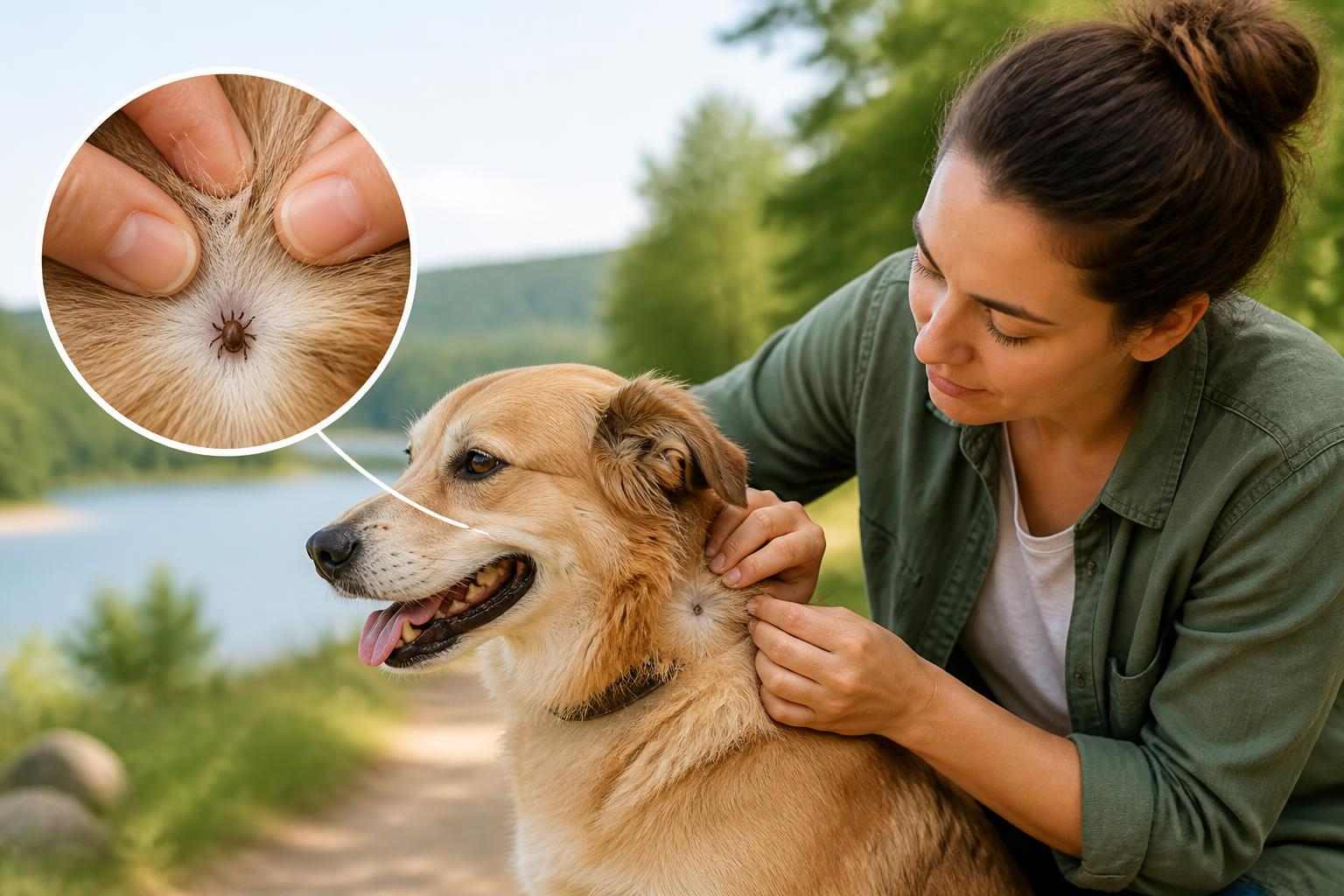 Dog owner checking a dog’s coat for ticks during an outdoor tick inspection
