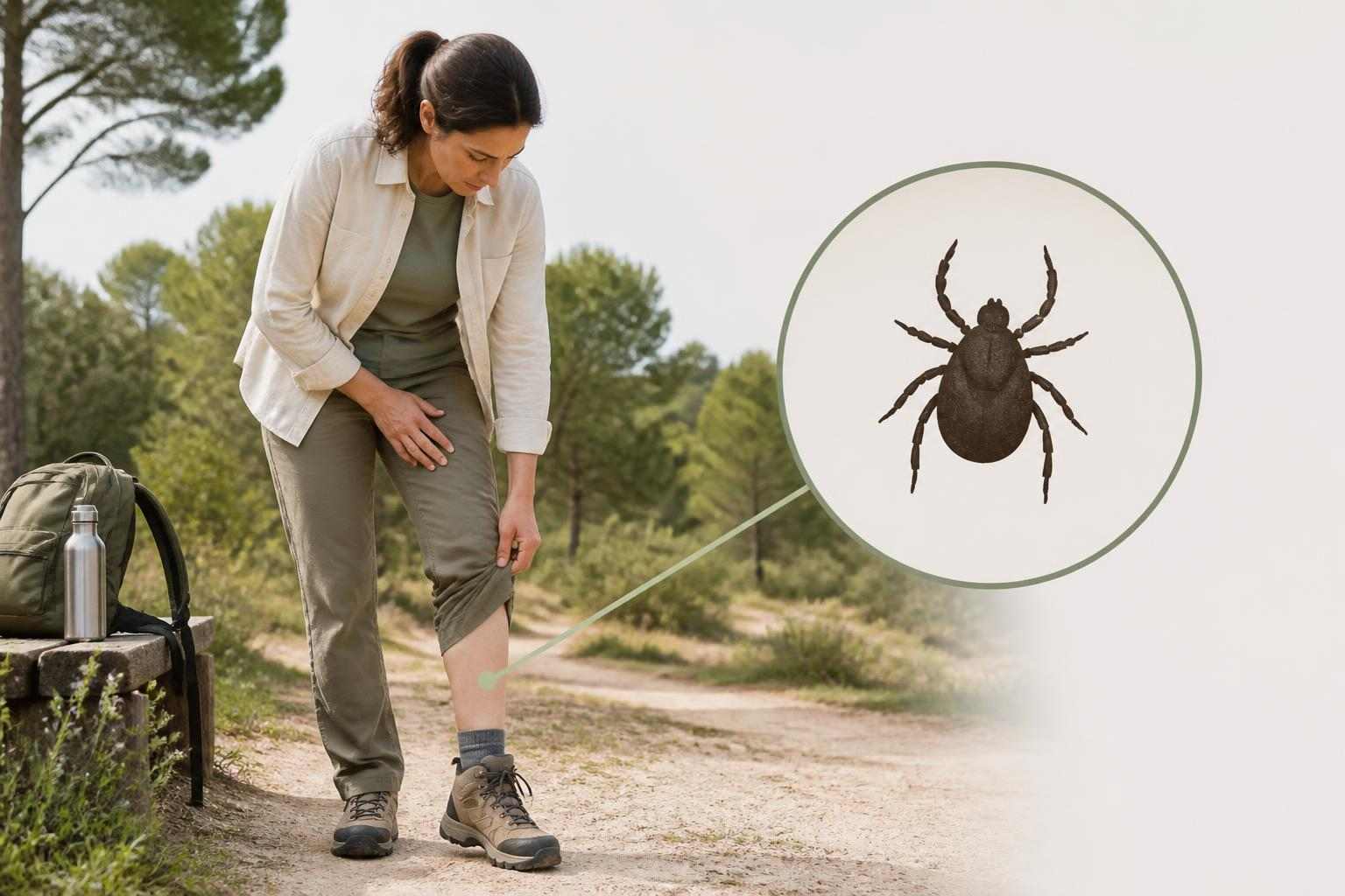 Persona revisando la ropa tras un paseo, con una garrapata ilustrada de forma genérica