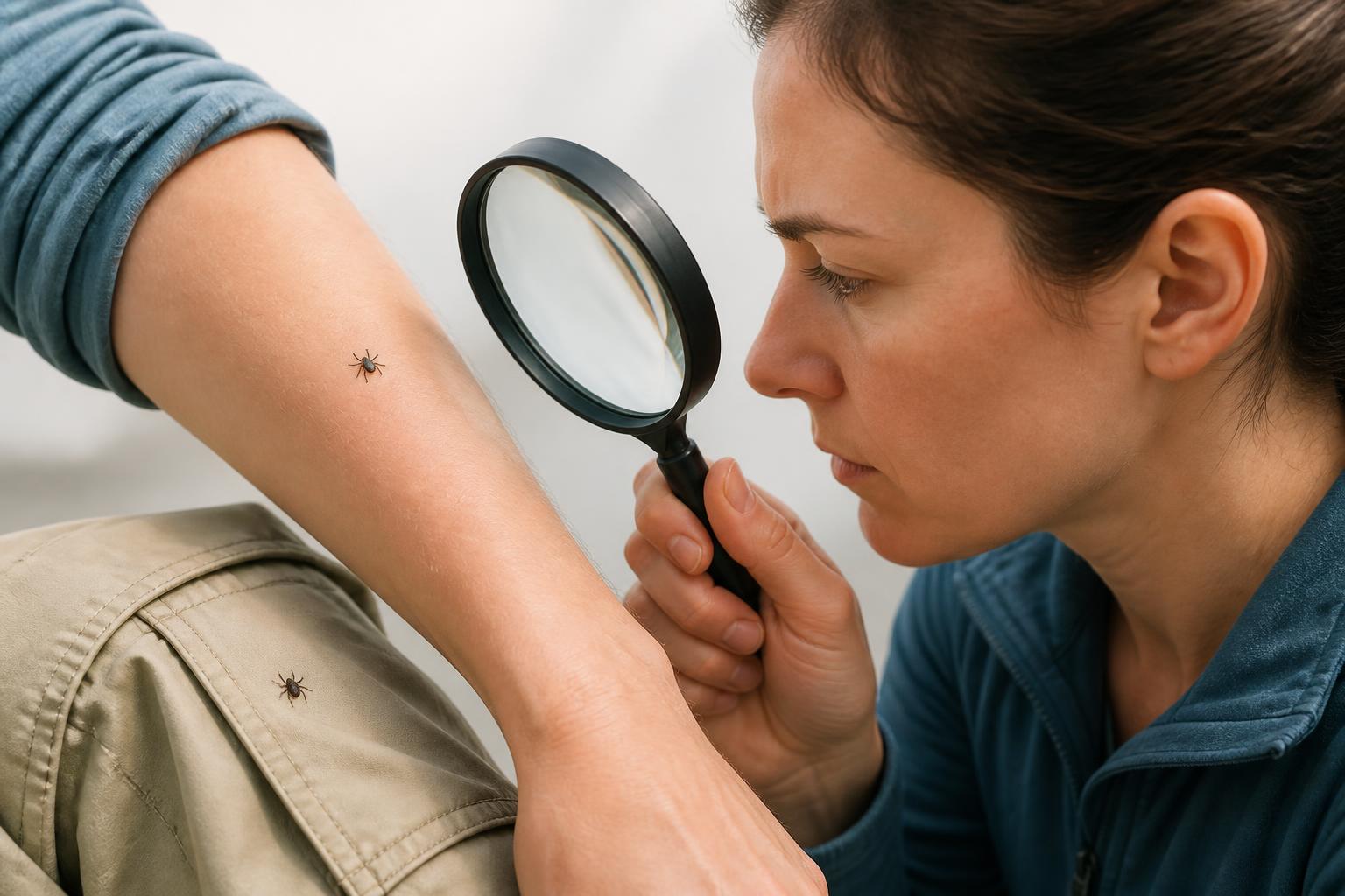 photo tique: Personne examinant une petite tique sur la peau avec une loupe.