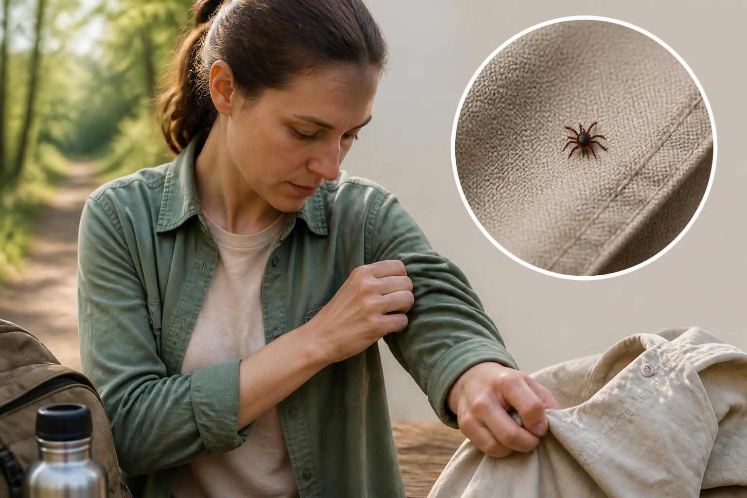 Persona revisando la piel tras una posible picadura de garrapata al aire libre