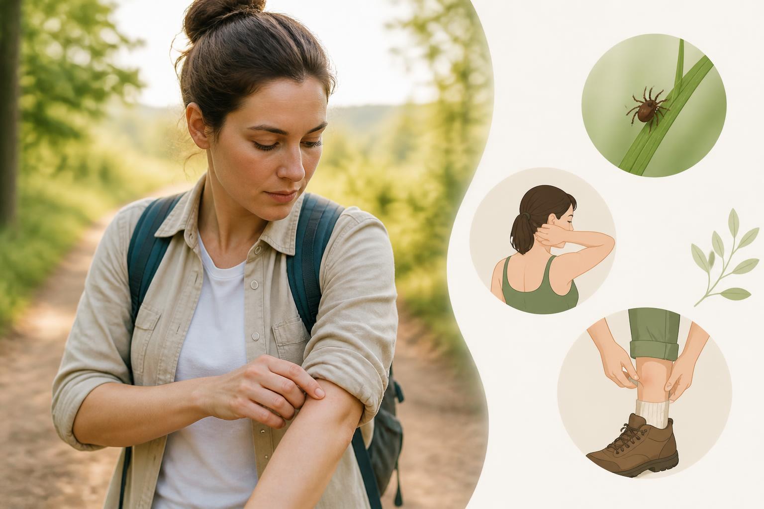 piqure de tique: Personne examinant sa peau après une promenade en nature