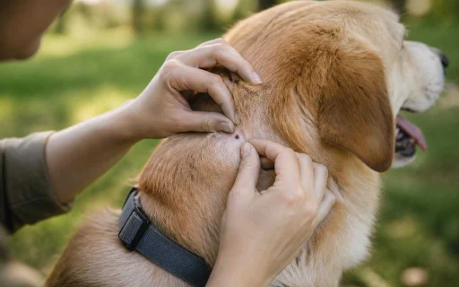 A person gently checking a dog’s skin for ticks in a calm outdoor setting