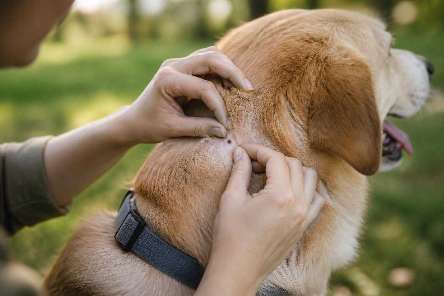 A person gently checking a dog’s skin for ticks in a calm outdoor setting