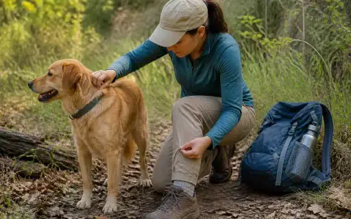 Person checking for ticks on a dog and clothing near grassy brush