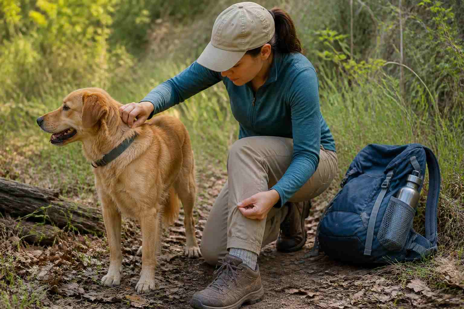 Person checking for ticks on a dog and clothing near grassy brush