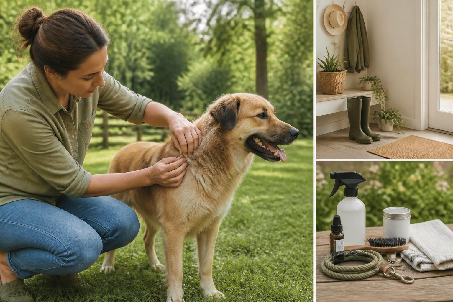 ticks that bite dogs: Dog being checked for ticks after an outdoor walk