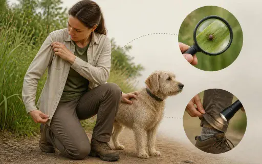 Person checking skin and clothing for tiny ticks after being outdoors