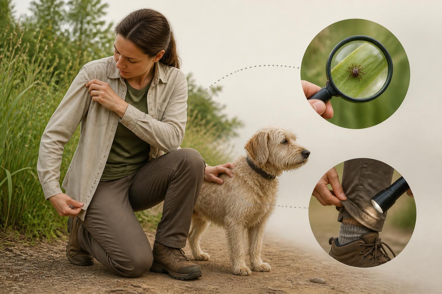 Person checking skin and clothing for tiny ticks after being outdoors
