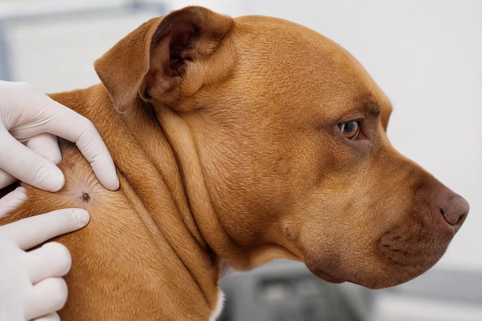 Gros plan d’une tique fixée sur la peau d’un chien, avec les poils écartés pour montrer sa forme et son point d’attache.