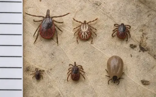 Several ticks with different body shapes and markings on pale leaf litter for visual comparison.