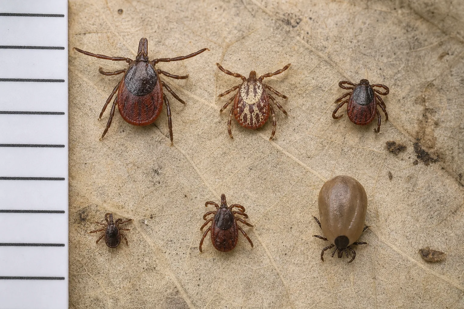 Several ticks with different body shapes and markings on pale leaf litter for visual comparison.