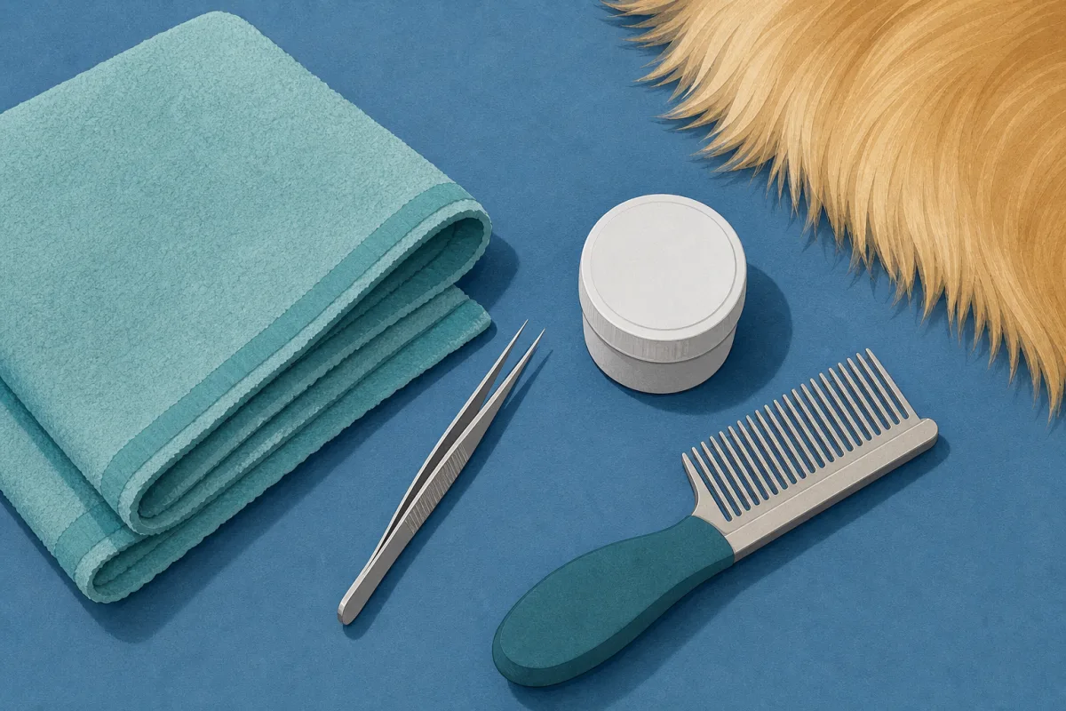 A dog-care towel with inspection tools on a clean blue surface.