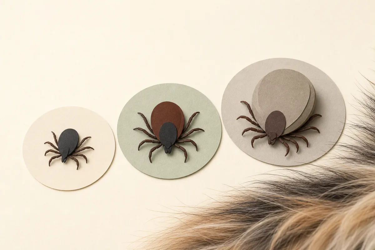 Illustrative comparison of three tick-like forms, from a tiny flat dark shape to a larger rounded pale shape.