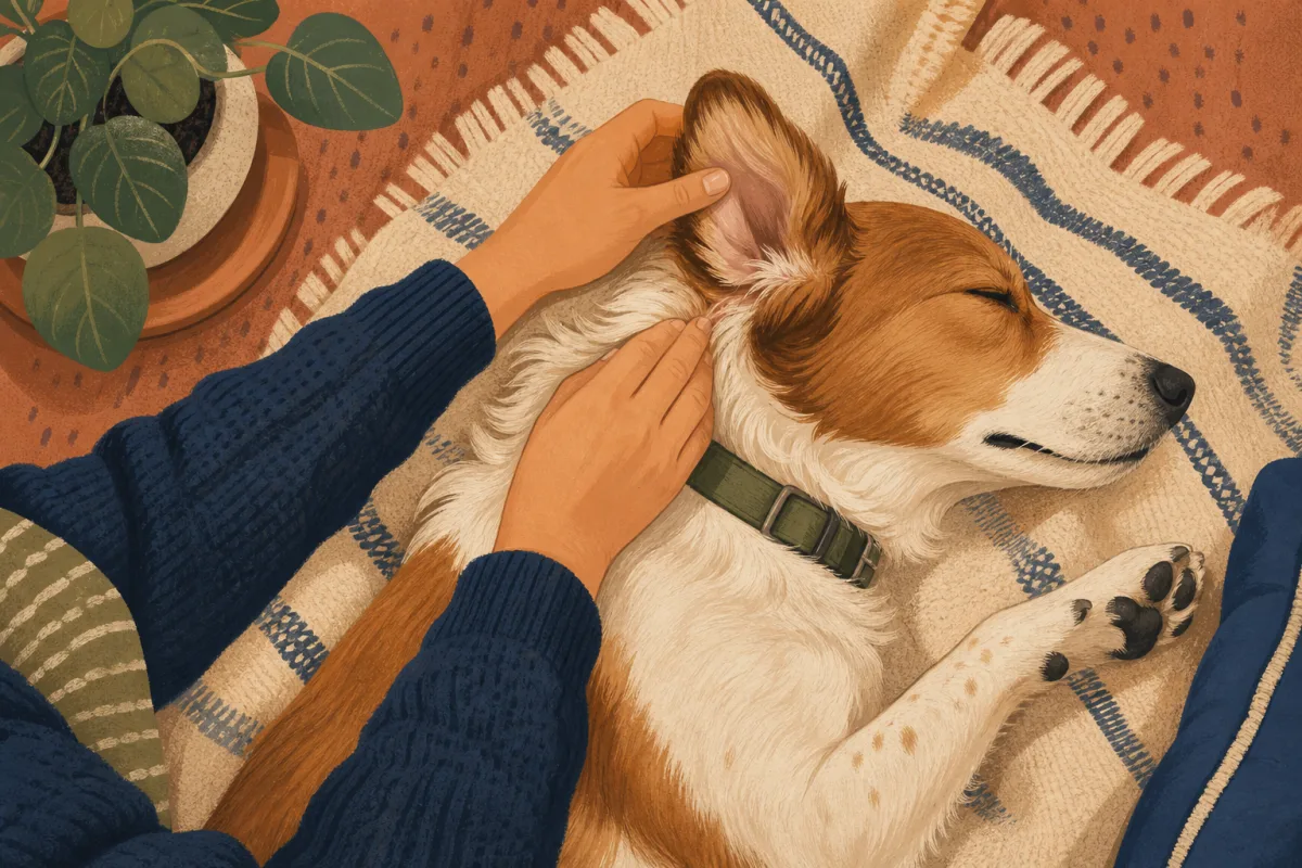Overhead illustration of an owner checking a relaxed dog’s ear base and neck fur on a blanket.