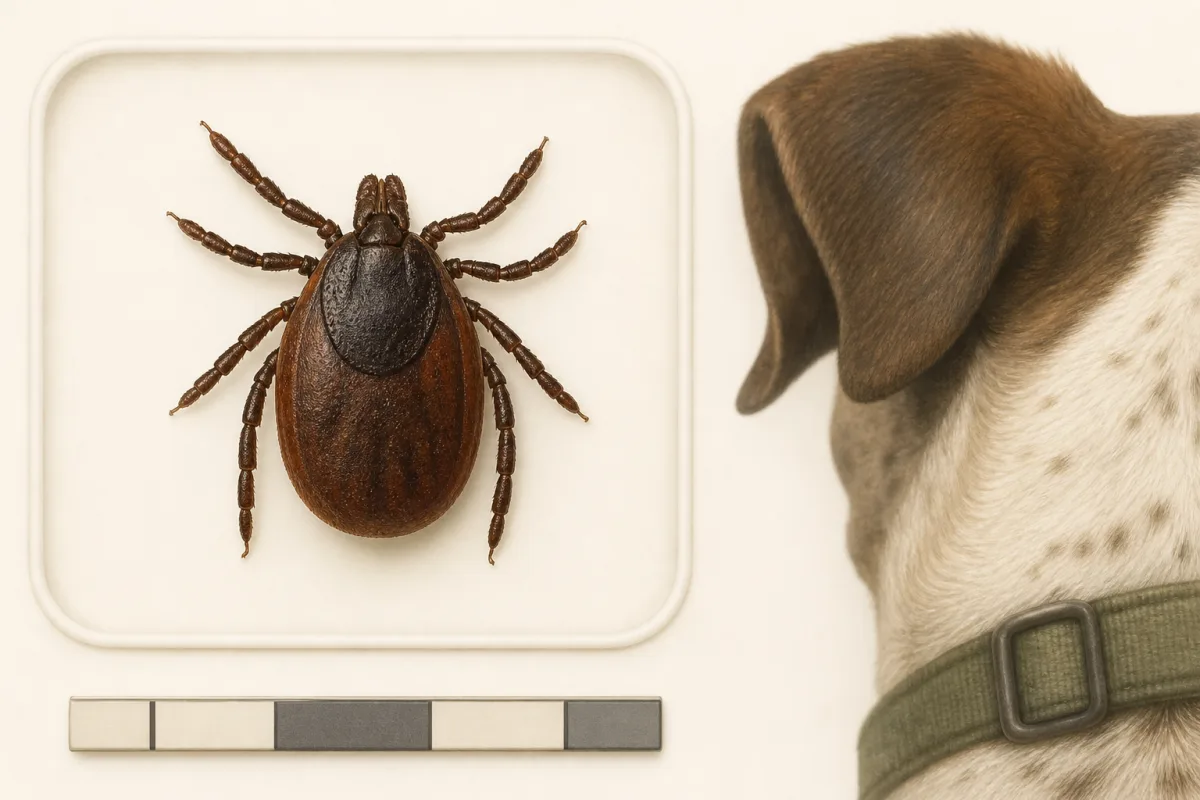 Visible features for comparing a tick Illustration of a tick viewed from above beside a simple scale marker, with a dog ear and collar area in the background.