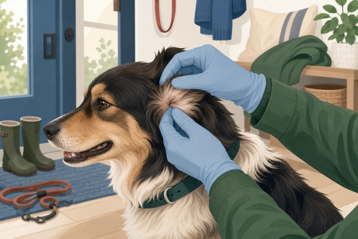 Checking a dog for ticks Illustration of gloved hands parting a dog’s fur to check behind the ear after a walk.