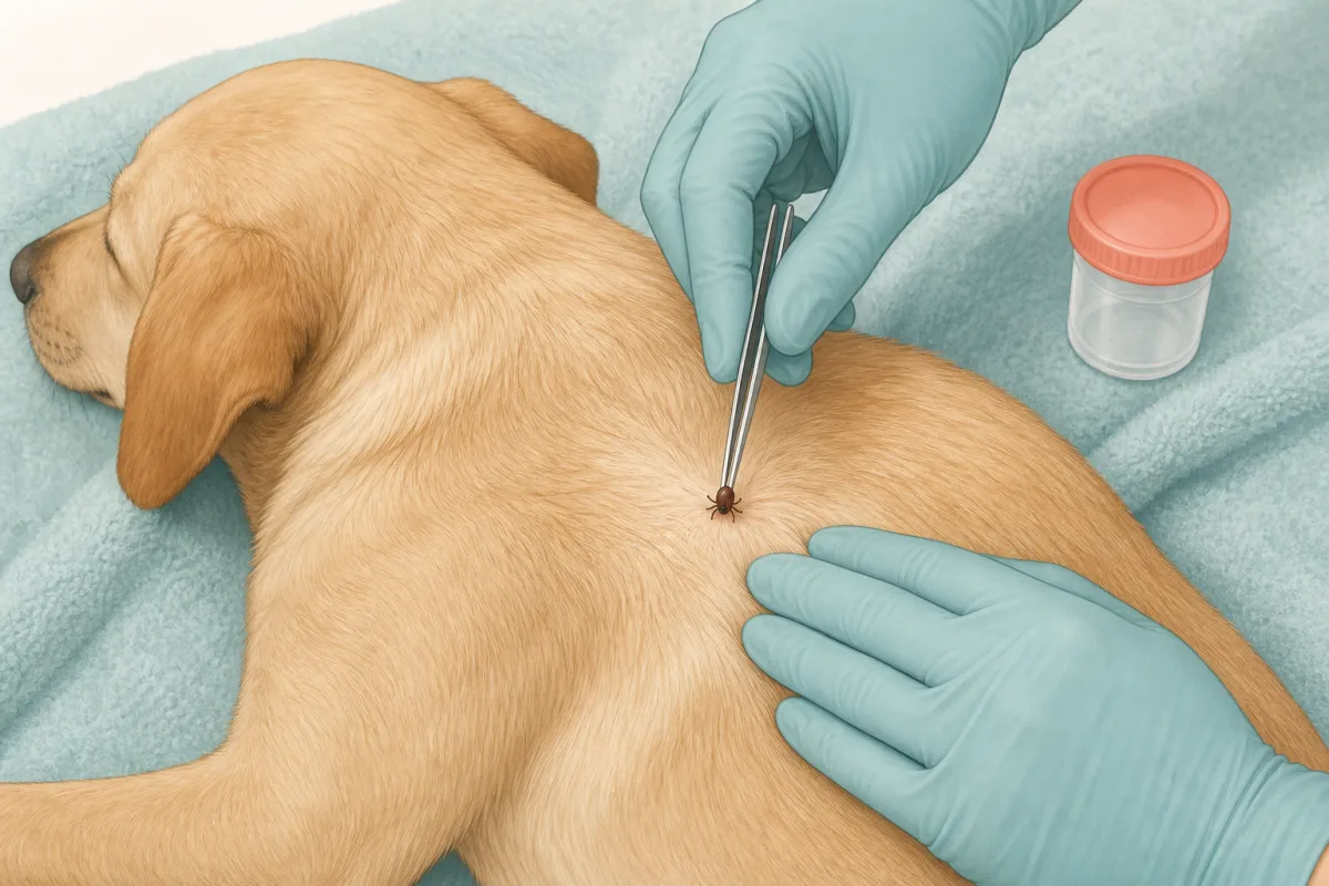 Careful tick removal from a dog Illustration of gloved hands using fine-tipped tweezers close to a dog’s skin to remove an attached tick.