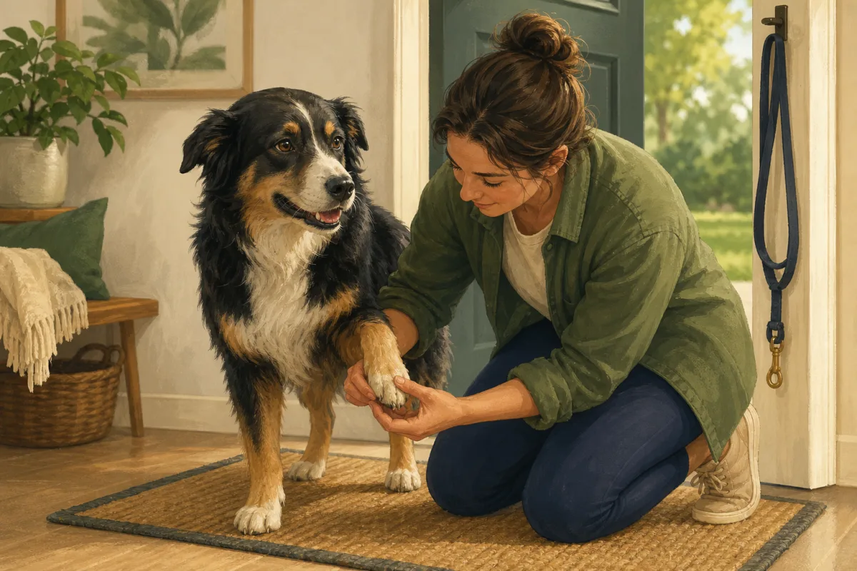 Post-walk tick check for a dog Illustration of a caregiver checking between a dog’s front toes after an outdoor walk.