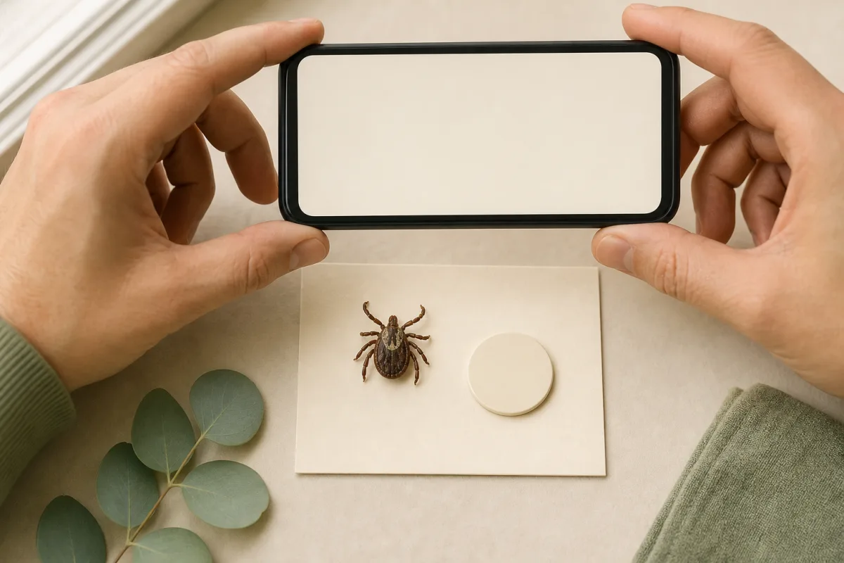 Illustration of a tick on a plain card beside an unmarked size reference while a phone is positioned above for a photo.