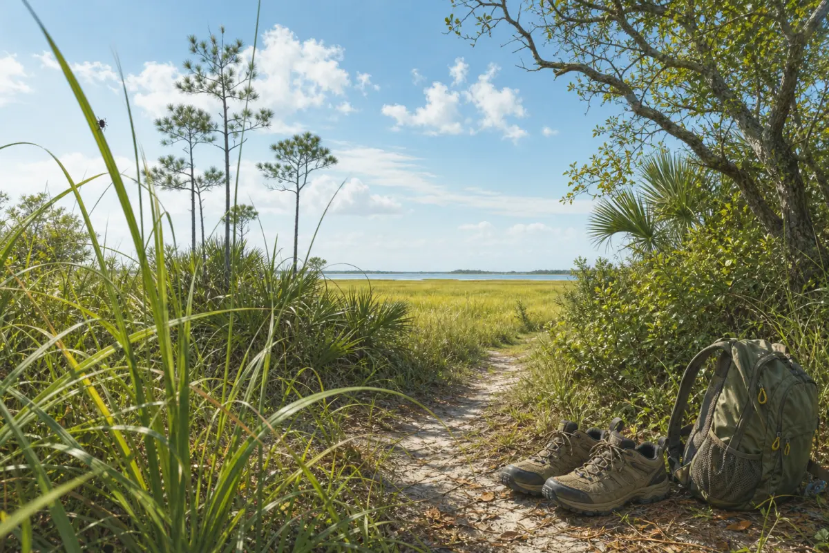 Illustration of tall grass, brush, a path, hiking shoes, and a backpack in a warm coastal outdoor habitat.