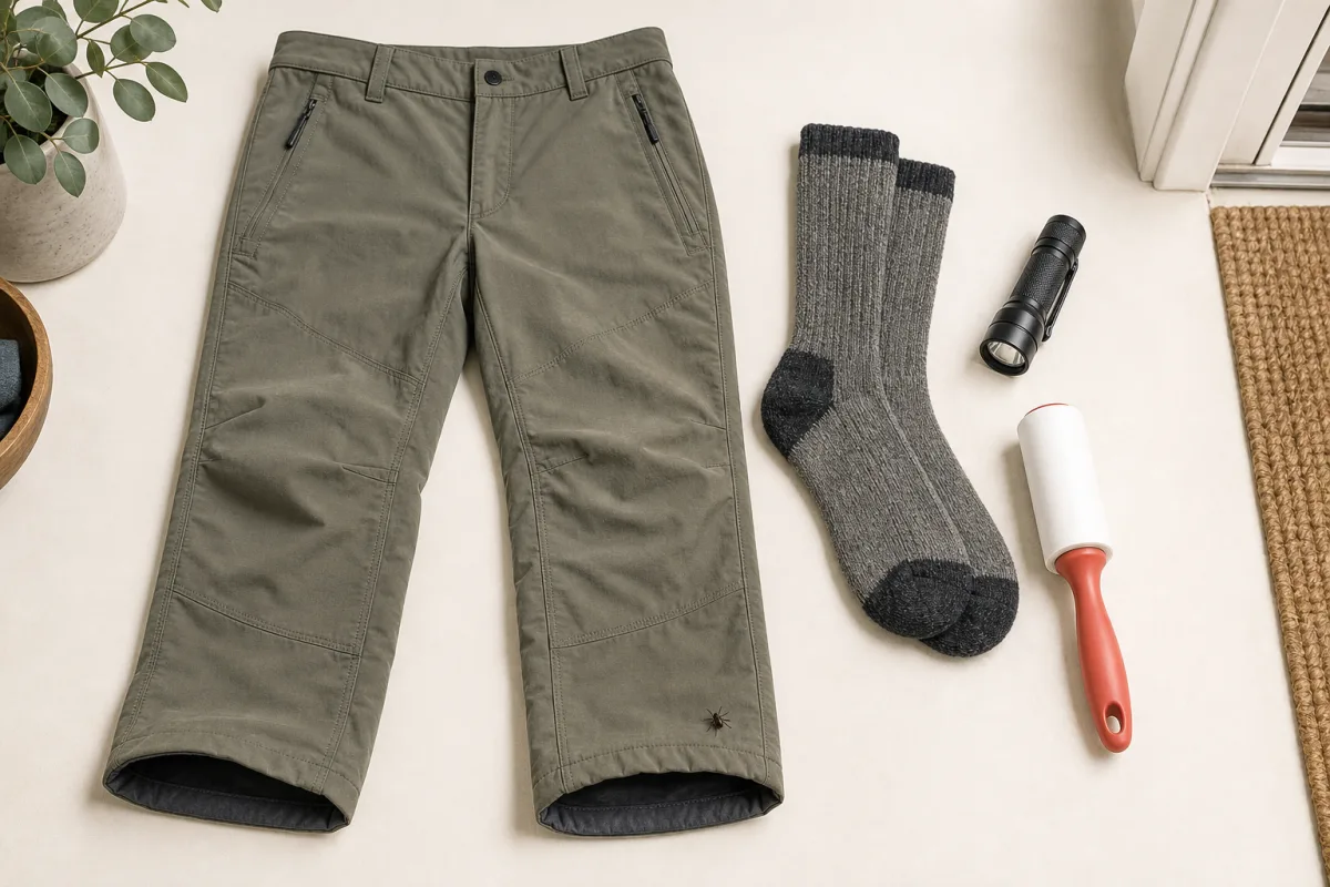 Top-down illustration of outdoor clothing, a flashlight, and a lint roller arranged for a tick check.