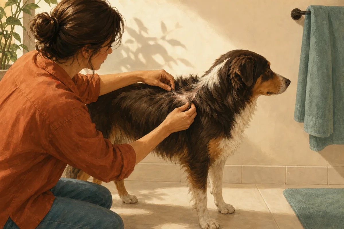 Illustration of a caregiver parting a dog's fur near the collar to check for ticks.