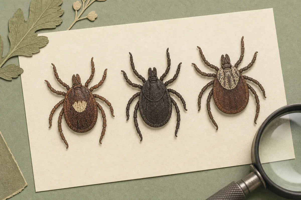 Three generic tick illustrations with a pale patch, a plain dark back, and a mottled shield-like front area.