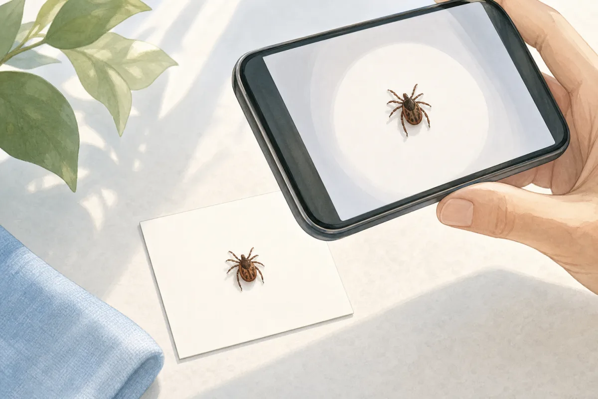 Illustration of a smartphone photographing a small generic tick on a plain light card in soft daylight.