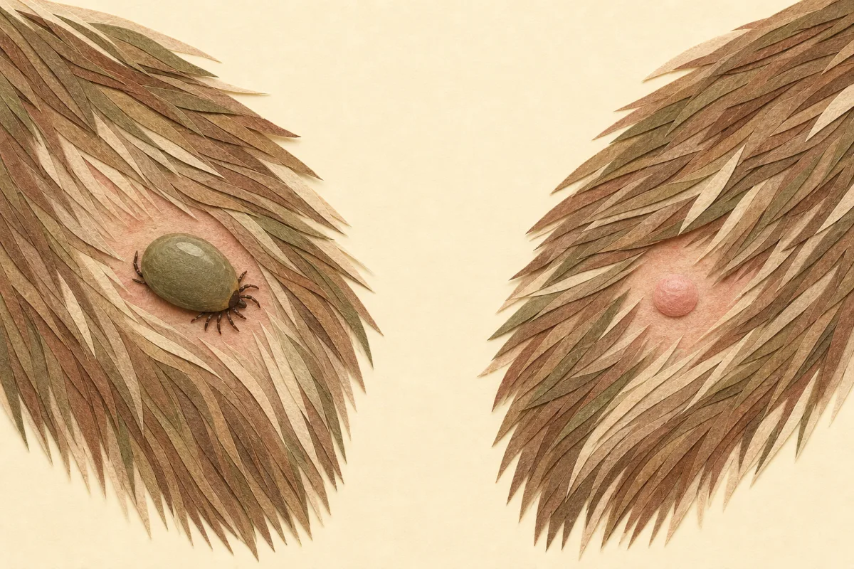 Tick and skin bump visual comparison Illustrated side-by-side view of an attached tick in dog fur and a smooth raised skin bump without visible legs.