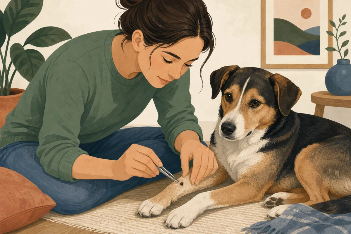 Careful tick removal from a dog Illustration of a pet owner carefully using fine-tipped tweezers near a small tick on a calm dog’s foreleg.