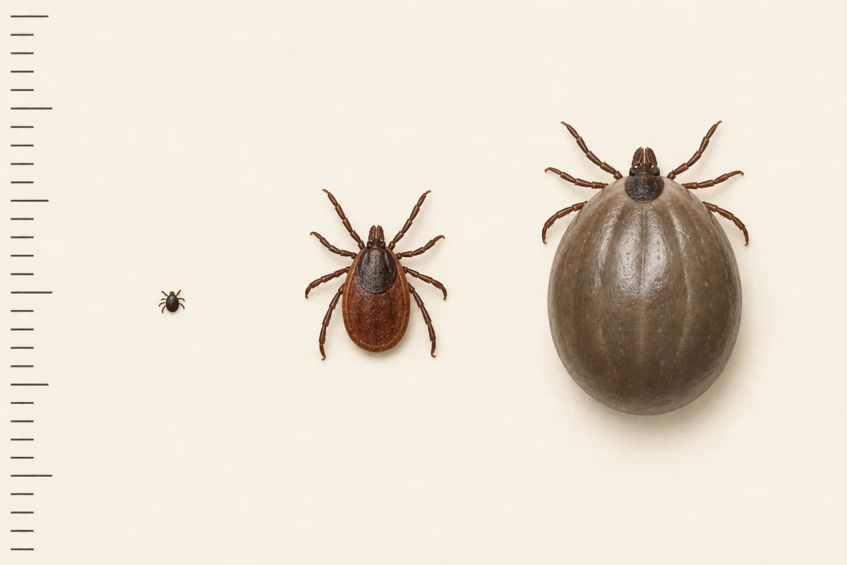 Illustration of three ticks with flat, oval, and rounded body forms shown side by side.