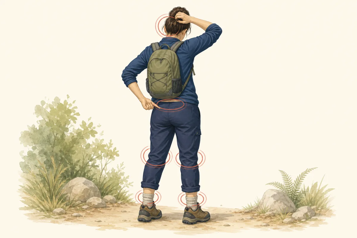 Illustration of a hiker checking the scalp, waistband, behind the knees, and ankles after being outdoors.