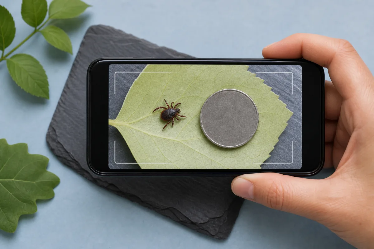 Illustration of a phone photographing a small tick on a leaf beside a plain object for scale.